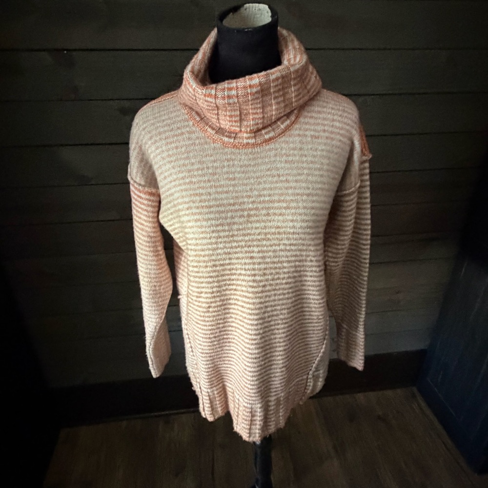 Turtleneck Knit Sweater in Peach Stripe
